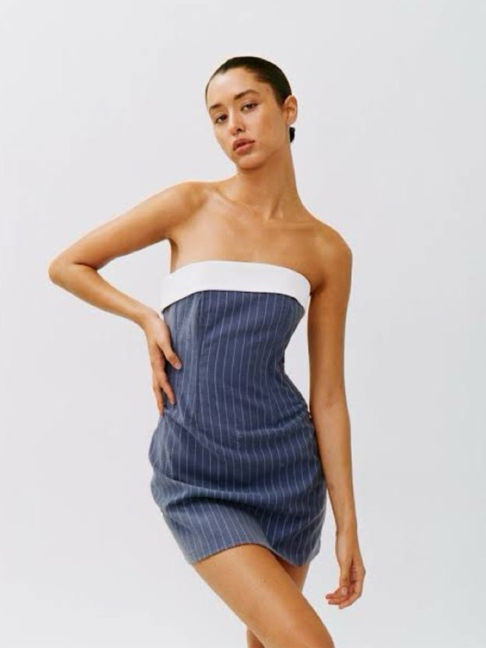 With Jean Navy Pinstripe Strapless Mini Dress with White Band